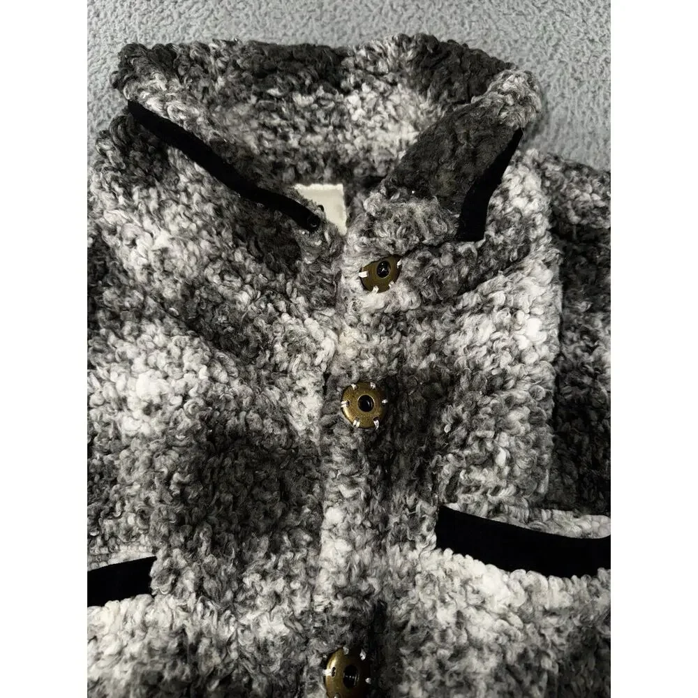 Dylan Sherpa Jacket Women Large Plaid Faux Fur Button Up Cozy Soft‎ Plush